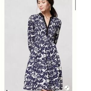 Anthropologie Edme & Esyllte Sketchbook Shirt Dress Blue White Smocked size 6